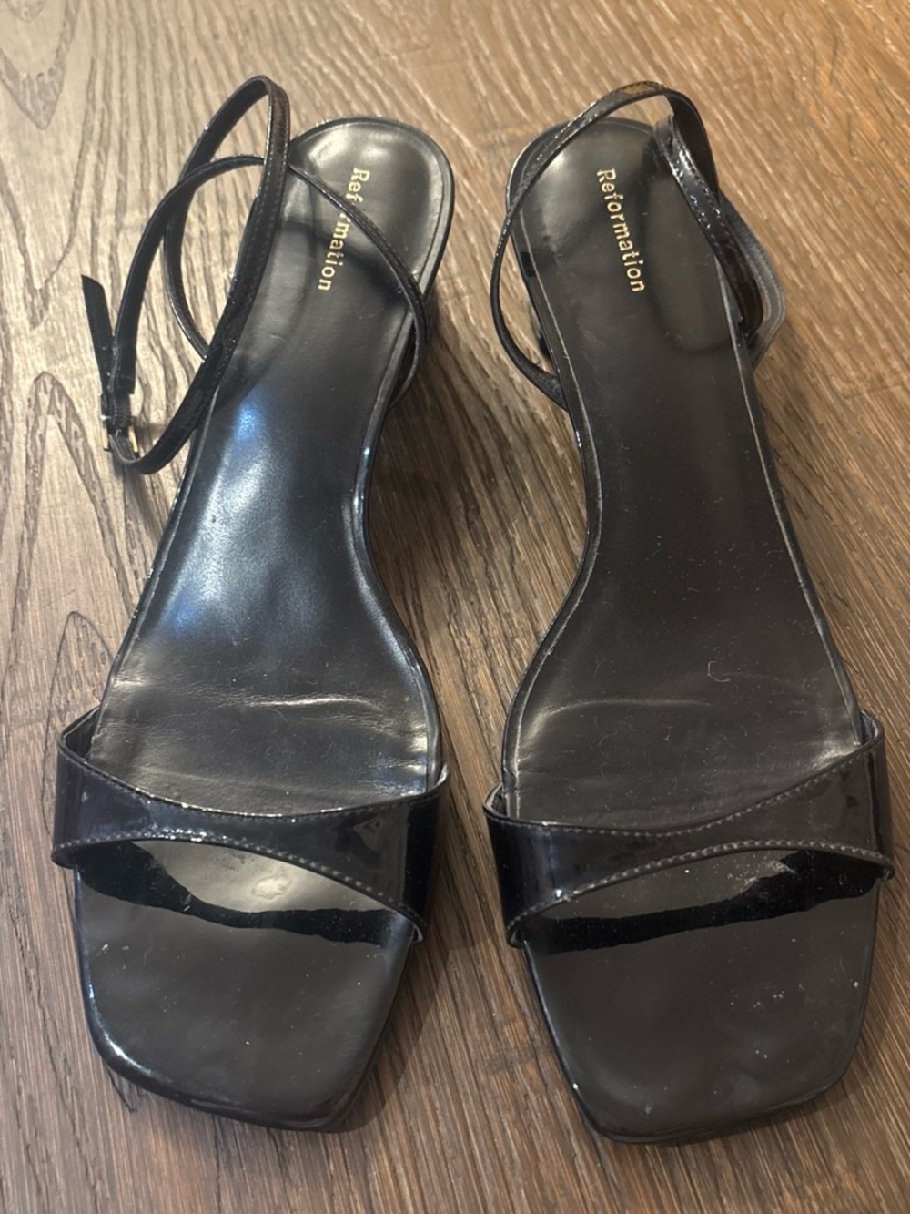 Reformation Black Patent Square-Toe Ankle-Strap Sandals size 9.5